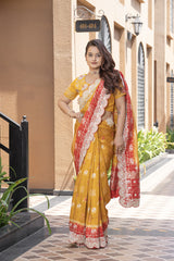 Mustard Red Banarsi Silk Saree