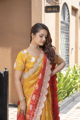 Mustard Red Banarsi Silk Saree