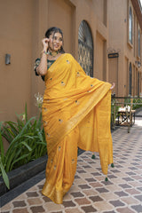 Stylish Mustard Silk Saree with Zari and Katdana Work
