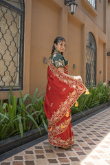 Lovely Red Silk Saree with Pearl Katdana Design