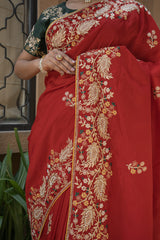 Lovely Red Silk Saree with Pearl Katdana Design