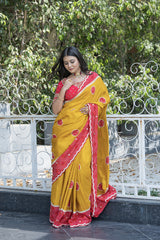 Stylish Mustard-Red Dola Silk Saree