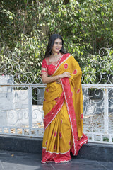 Stylish Mustard-Red Dola Silk Saree