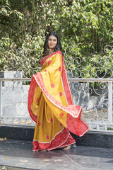 Stylish Mustard-Red Dola Silk Saree