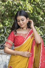 Stylish Mustard-Red Dola Silk Saree
