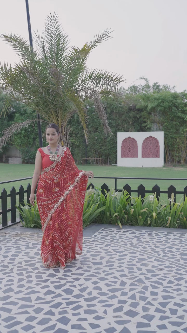 Red Chiffon Gota Aari-Tari Work Saree