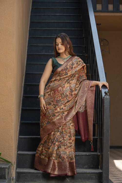 Stylish Ivory Dusty Silk Saree With Digital Print