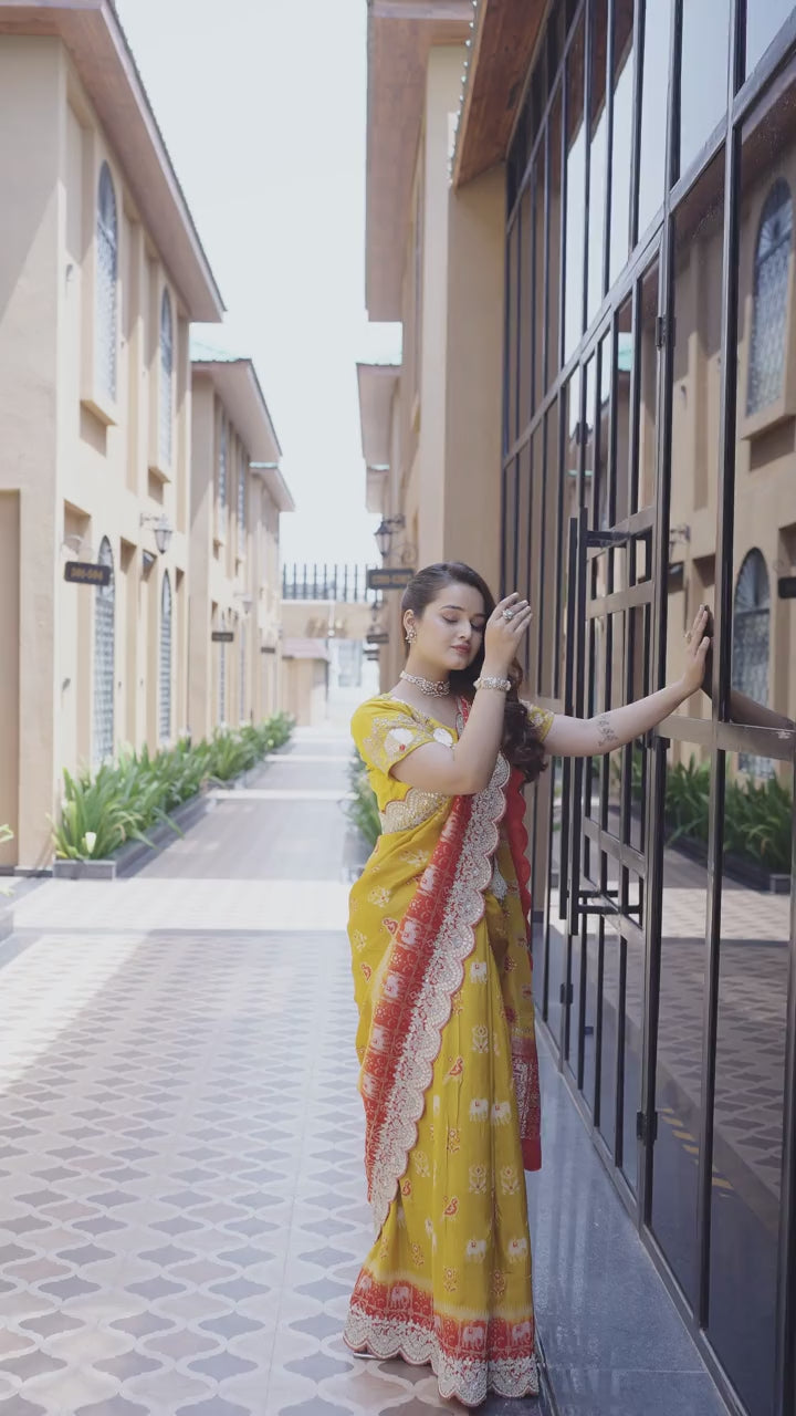 Mustard Red Banarsi Silk Saree